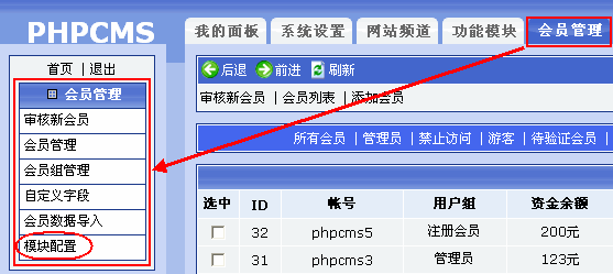 Phpcms程序會員管理